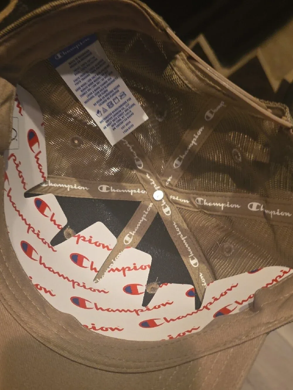 Champion Khaki Mesh-Back Cap with Red & Blue Logo